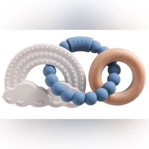 Blue Silicone Wood Baby Teether Ring | BPA Free Sensory Toy for Teething Relief